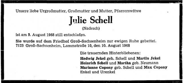 Schell Julie 1898-1968 Todesanzeige